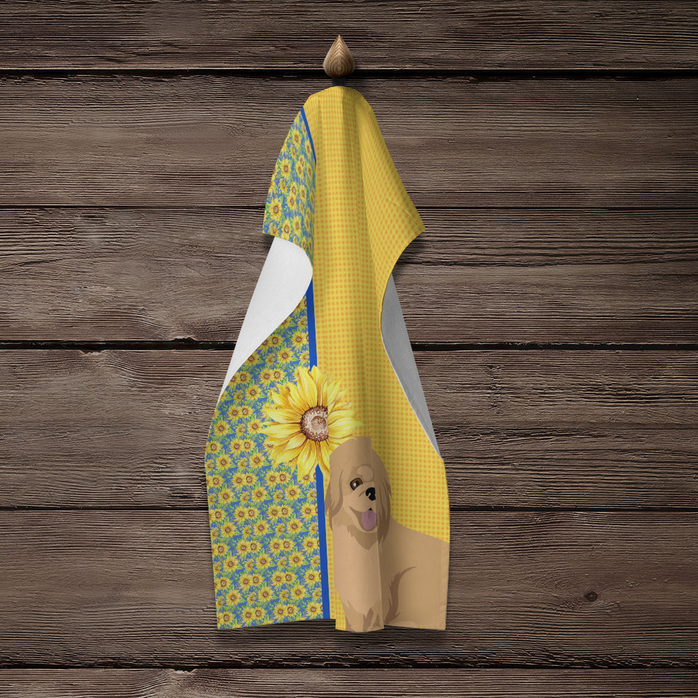 Summer Sunflowers Gold Pekingese Kitchen Towel Velour Plush Front and Cotton Loop Back Machine Washable