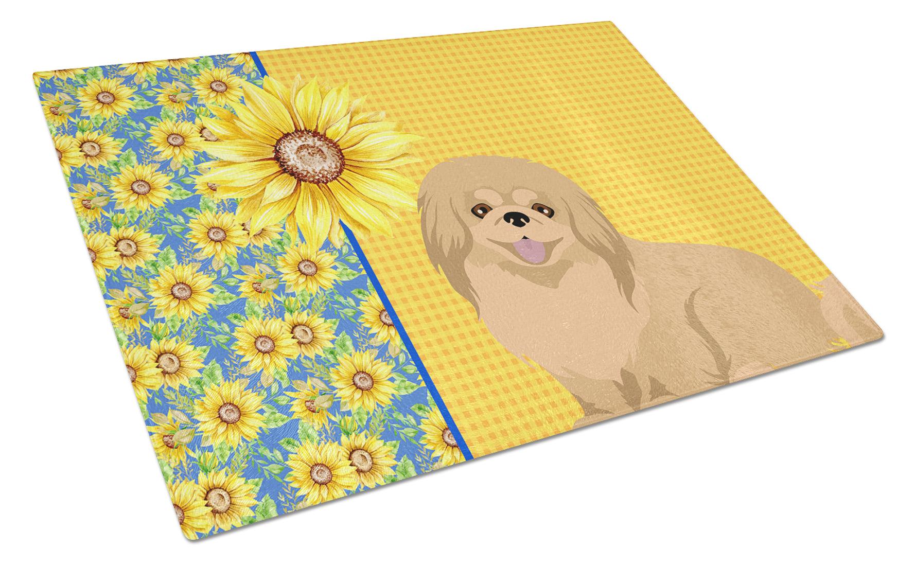 Summer Sunflowers Gold Pekingese Cutting Board Tempered Glass Kitchen Cutting Surface, Heat Resistant Chopping, Non-Slip Feet, Food Prep & Serving