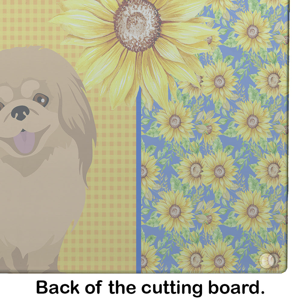 Summer Sunflowers Gold Pekingese Cutting Board Tempered Glass Kitchen Cutting Surface, Heat Resistant Chopping, Non-Slip Feet, Food Prep & Serving