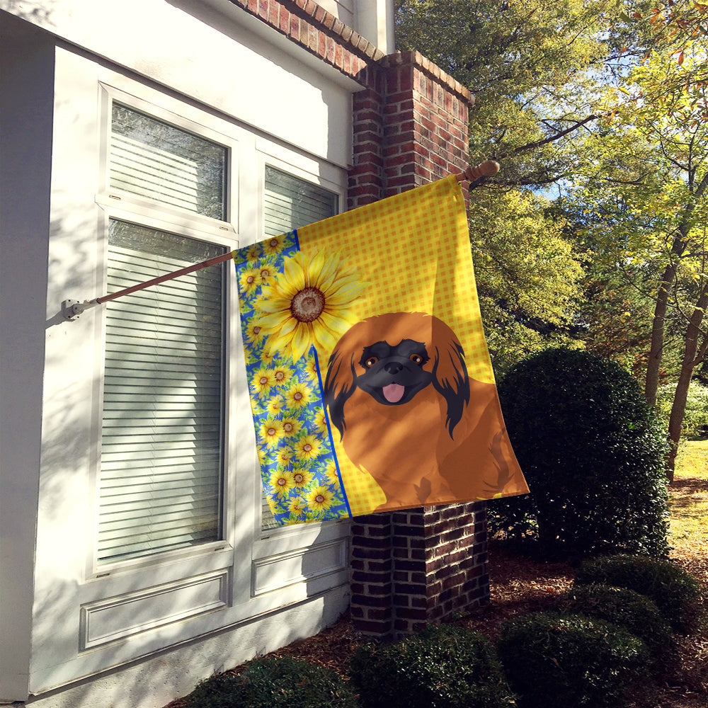 Summer Sunflowers Red Pekingese House Flag 28x40 Porch Sleeve Pole Decorative Outside Yard Banner Artwork Wall Hanging, Polyester