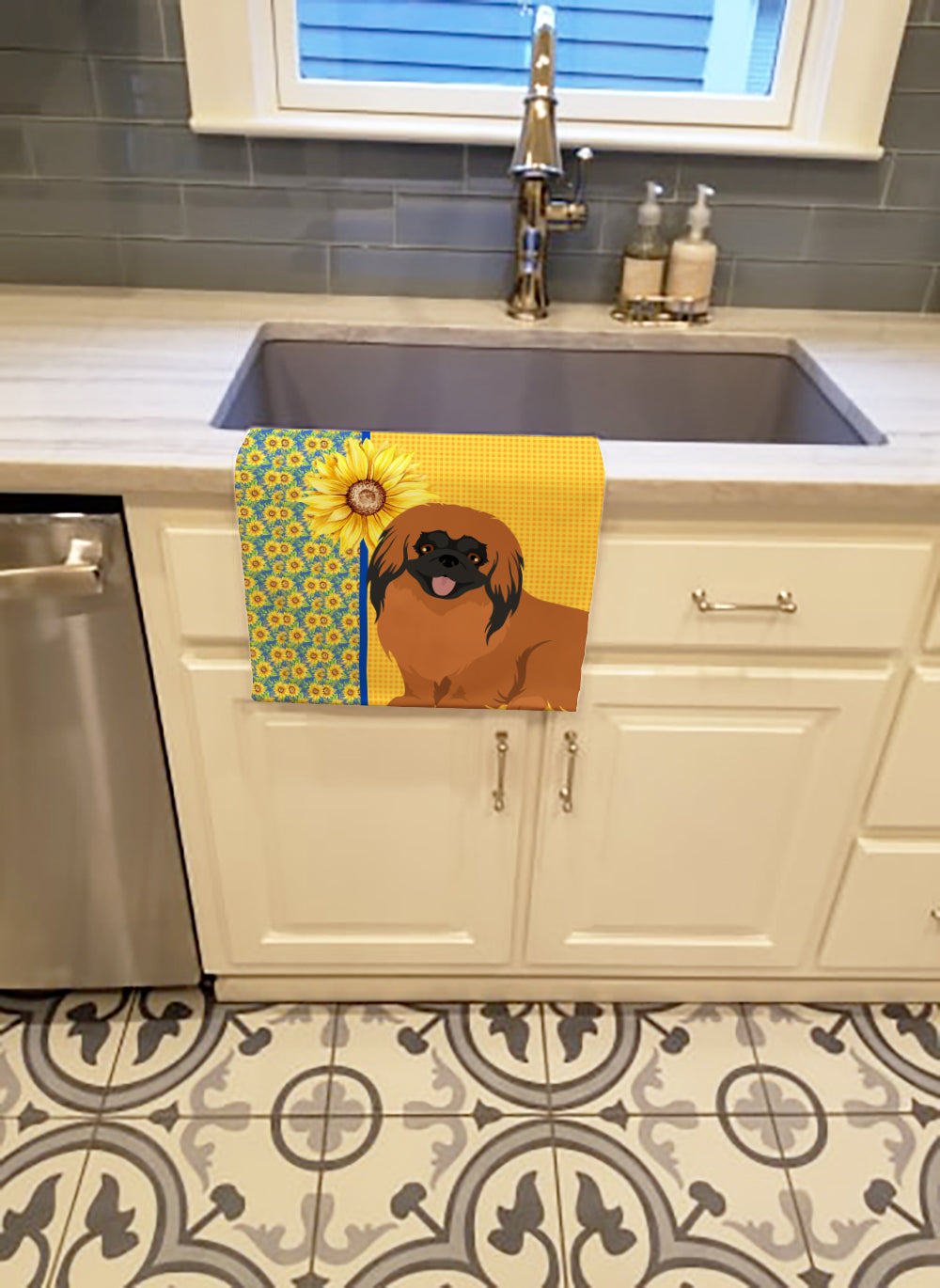 Summer Sunflowers Red Pekingese Kitchen Towel Velour Plush Front and Cotton Loop Back Machine Washable