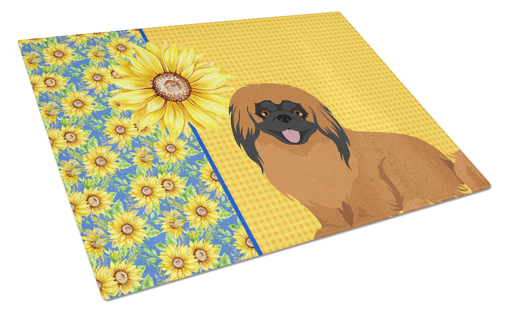 Summer Sunflowers Red Pekingese Cutting Board Tempered Glass Kitchen Cutting Surface, Heat Resistant Chopping, Non-Slip Feet, Food Prep & Serving