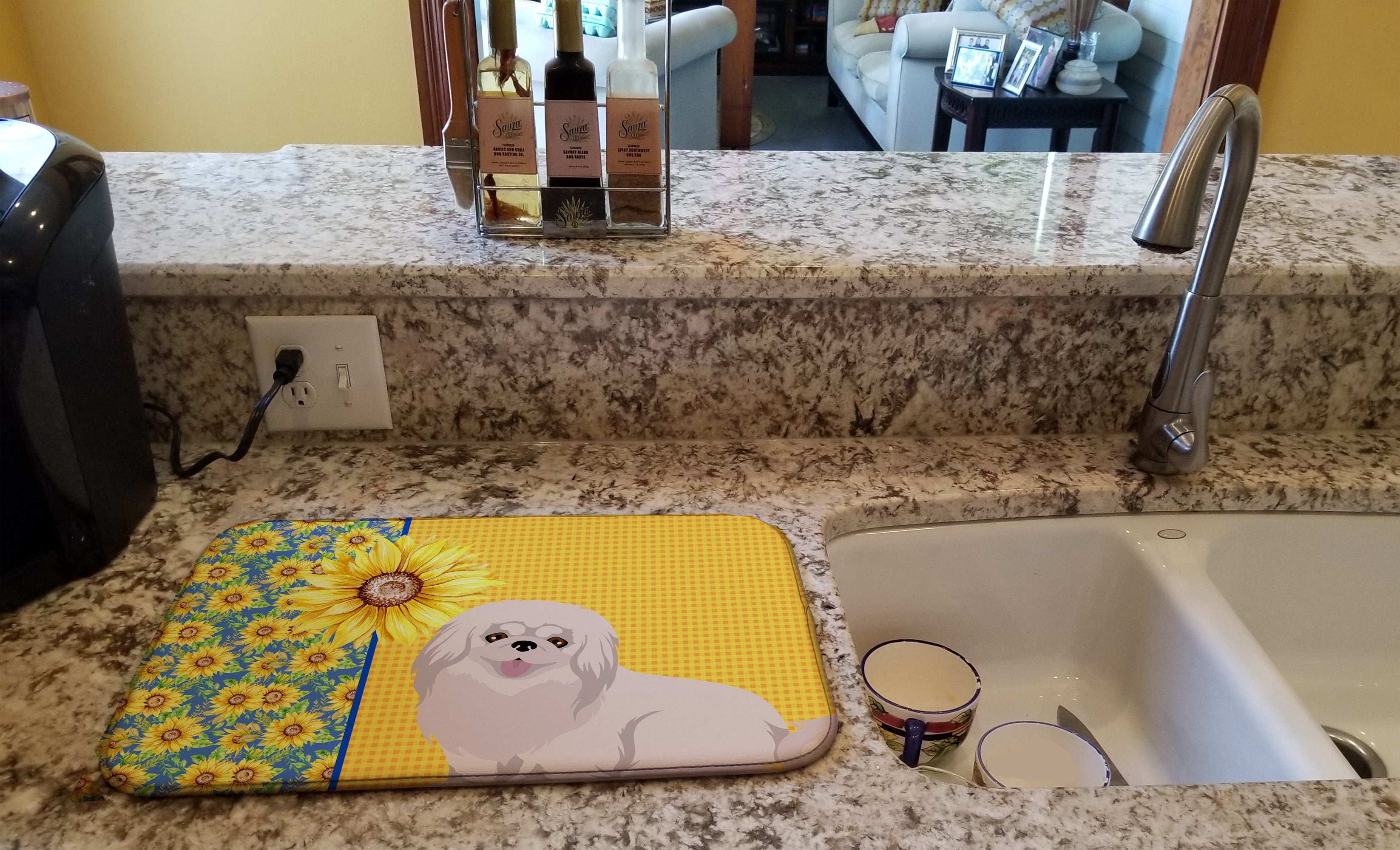Summer Sunflowers White Pekingese Dish Drying Mat Absorbent Dish Drying Mat Pad for Kitchen Counter Dish Drainer Mat for Countertop, 14 x 21", Multicolor