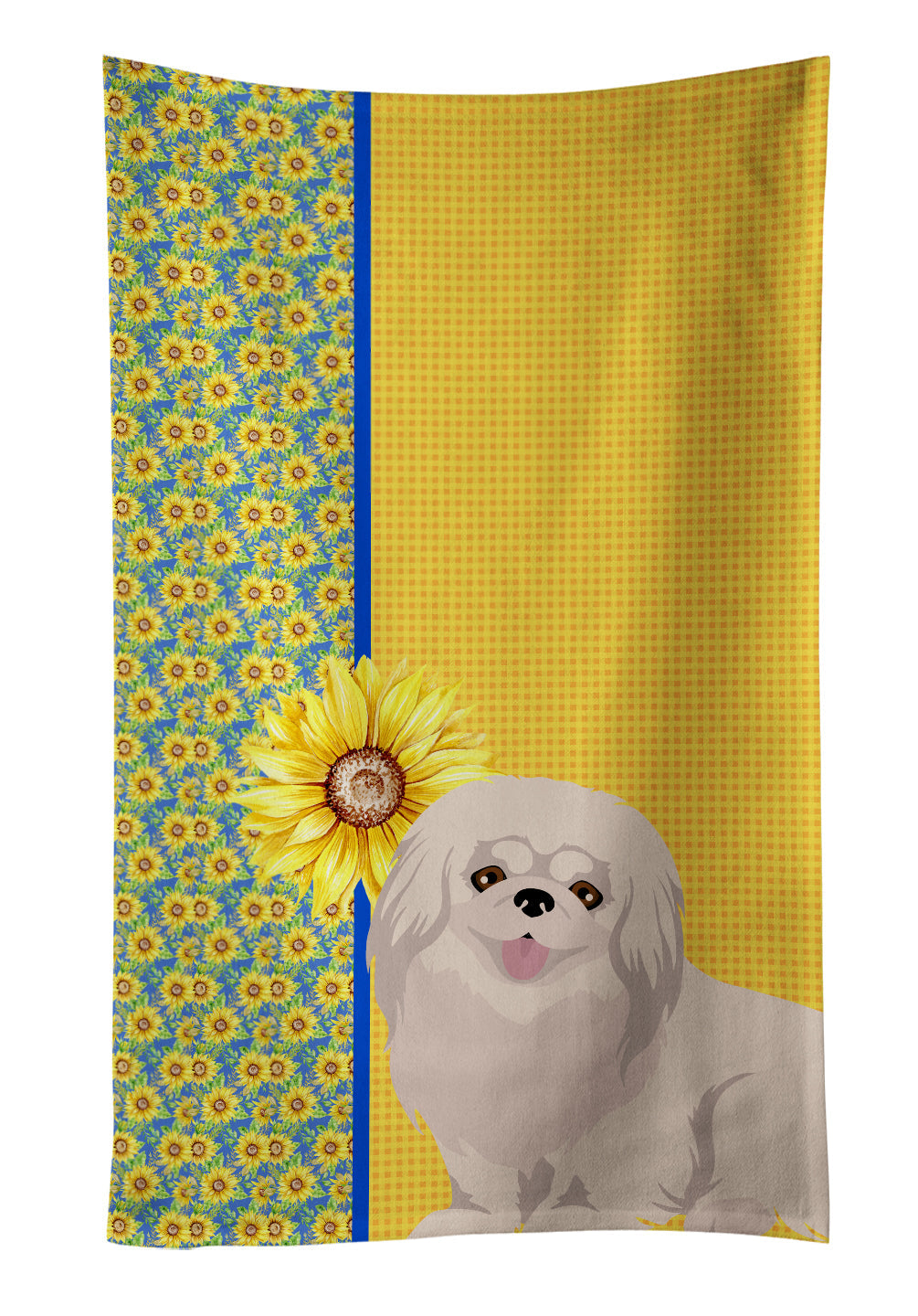 Summer Sunflowers White Pekingese Kitchen Towel Velour Plush Front and Cotton Loop Back Machine Washable
