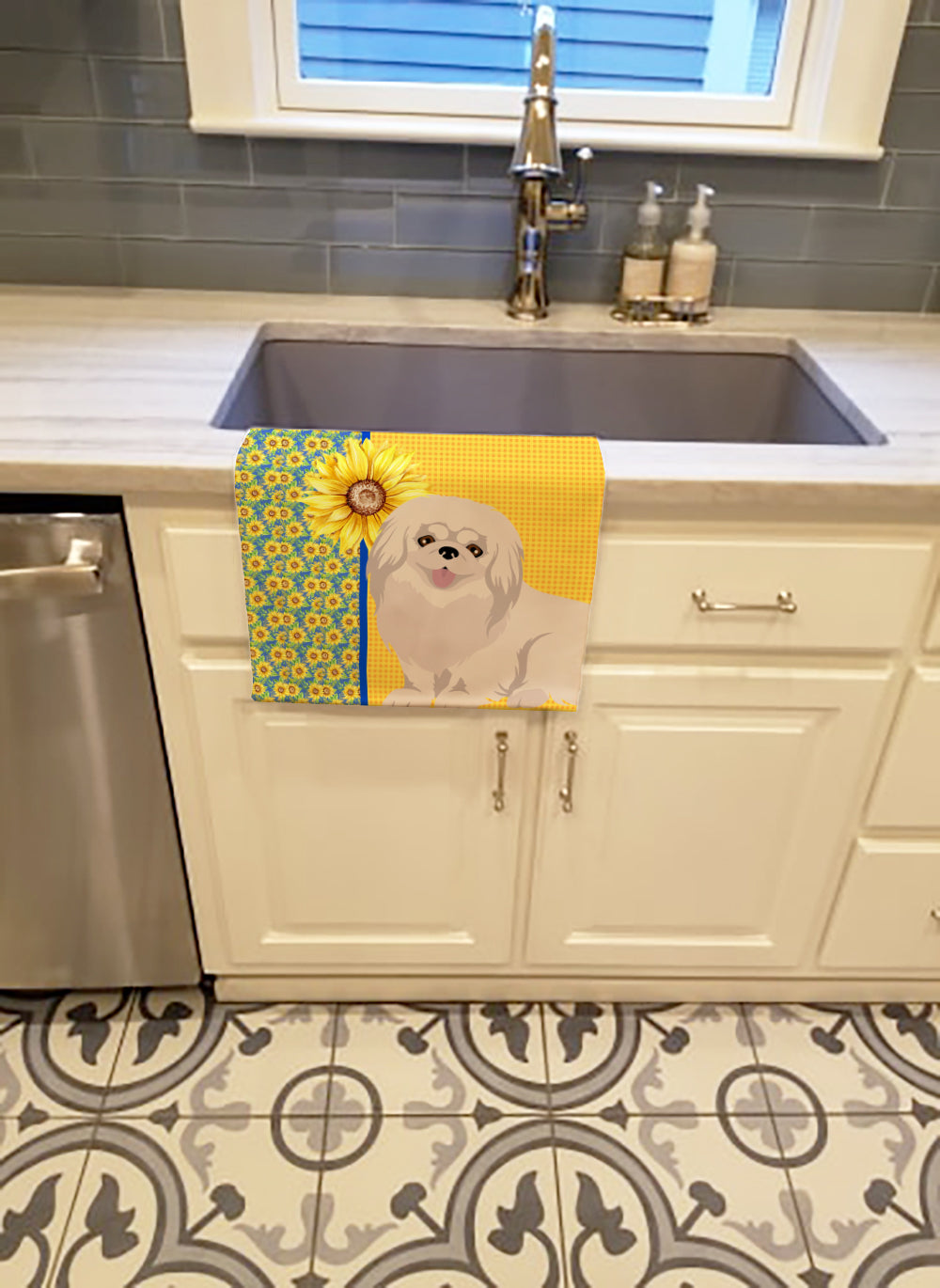 Summer Sunflowers White Pekingese Kitchen Towel Velour Plush Front and Cotton Loop Back Machine Washable