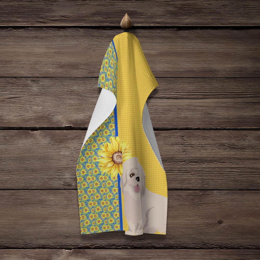 Summer Sunflowers White Pekingese Kitchen Towel Velour Plush Front and Cotton Loop Back Machine Washable