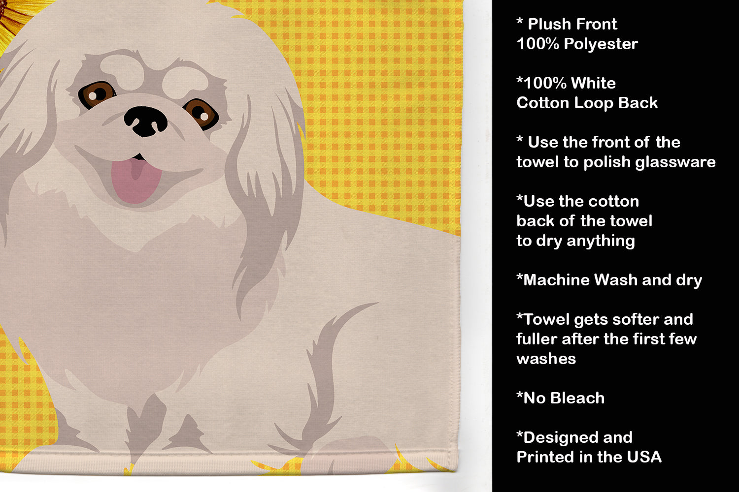 Summer Sunflowers White Pekingese Kitchen Towel Velour Plush Front and Cotton Loop Back Machine Washable