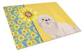 Summer Sunflowers White Pekingese Cutting Board Tempered Glass Kitchen Cutting Surface, Heat Resistant Chopping, Non-Slip Feet, Food Prep & Serving