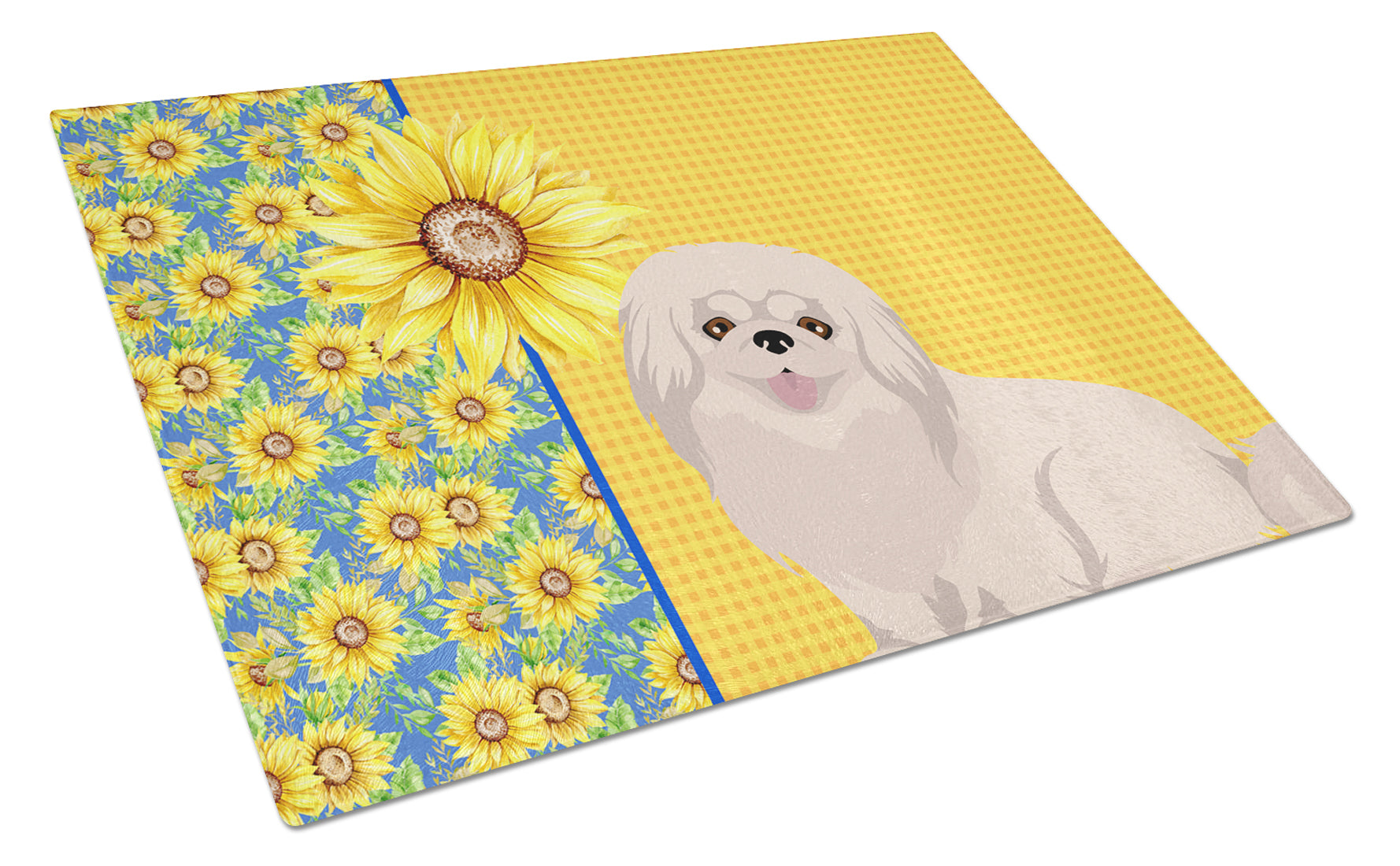 Summer Sunflowers White Pekingese Cutting Board Tempered Glass Kitchen Cutting Surface, Heat Resistant Chopping, Non-Slip Feet, Food Prep & Serving