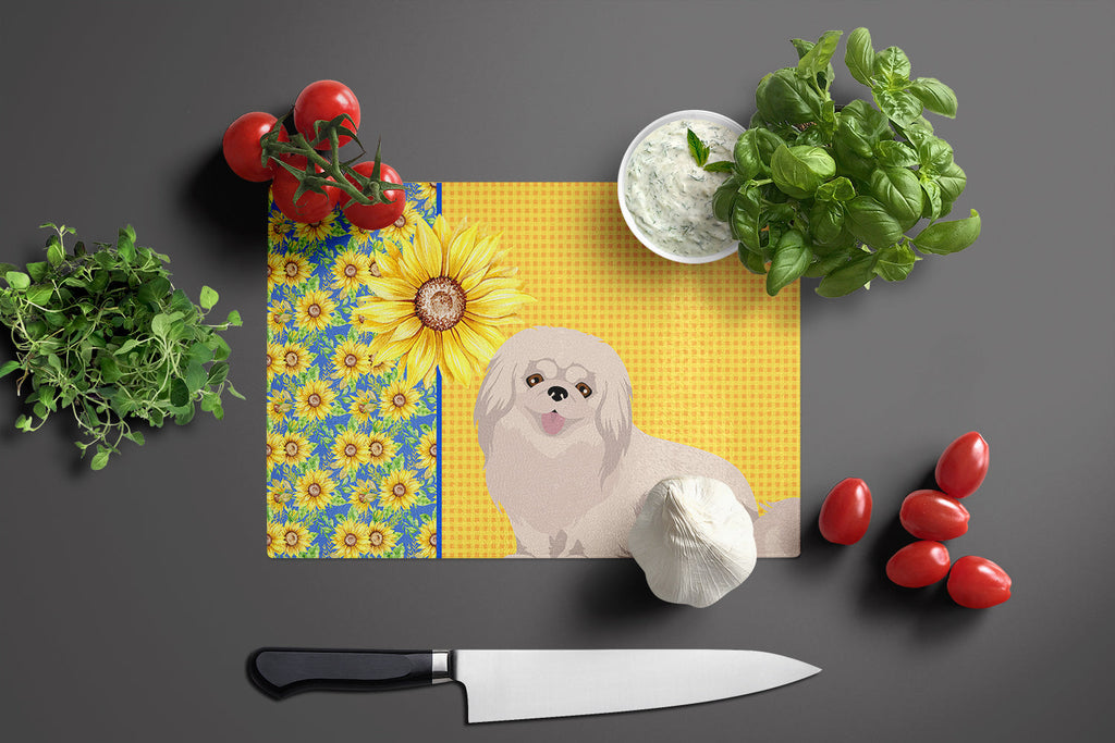 Summer Sunflowers White Pekingese Cutting Board Tempered Glass Kitchen Cutting Surface, Heat Resistant Chopping, Non-Slip Feet, Food Prep & Serving