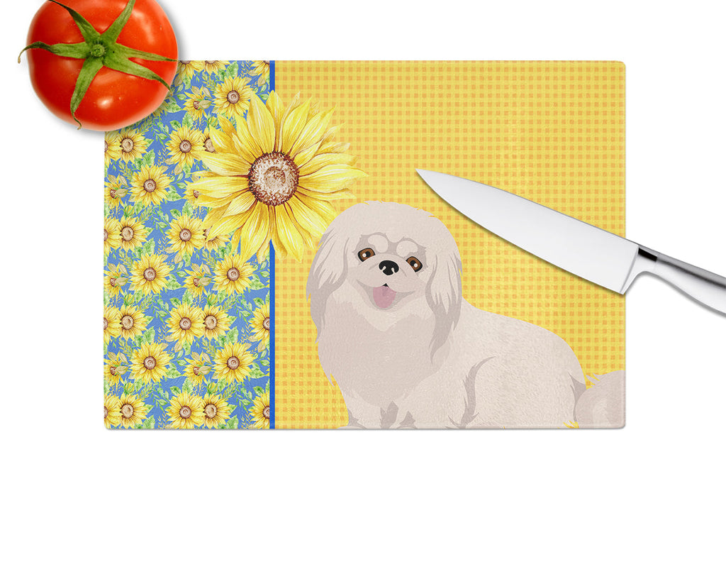 Summer Sunflowers White Pekingese Cutting Board Tempered Glass Kitchen Cutting Surface, Heat Resistant Chopping, Non-Slip Feet, Food Prep & Serving