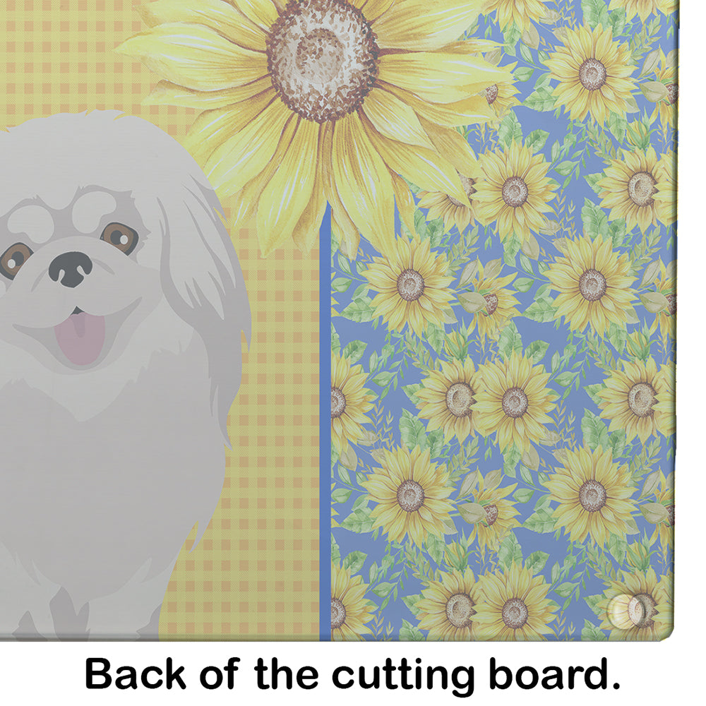 Summer Sunflowers White Pekingese Cutting Board Tempered Glass Kitchen Cutting Surface, Heat Resistant Chopping, Non-Slip Feet, Food Prep & Serving