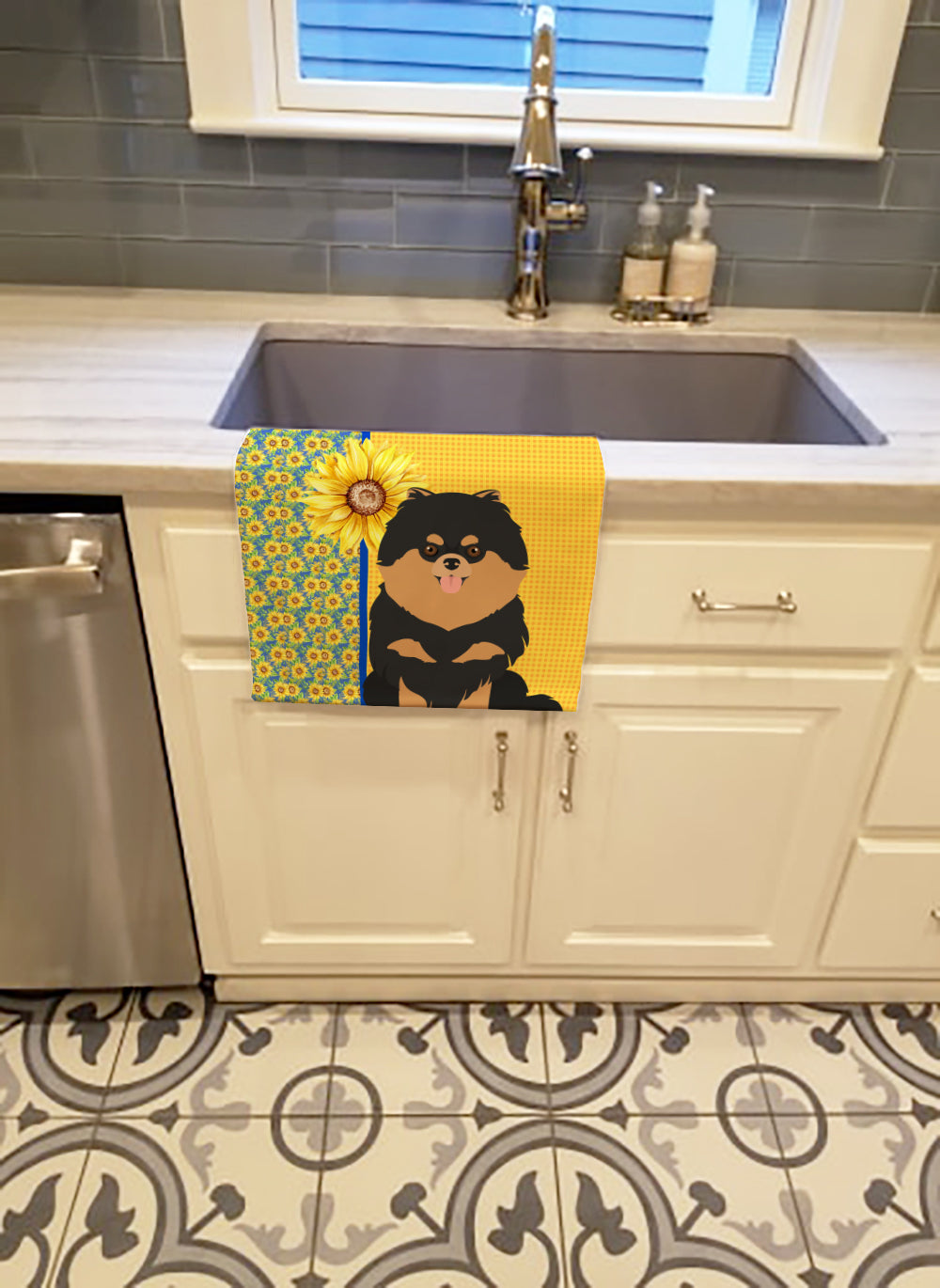 Summer Sunflowers Black and Tan Pomeranian Kitchen Towel Velour Plush Front and Cotton Loop Back Machine Washable
