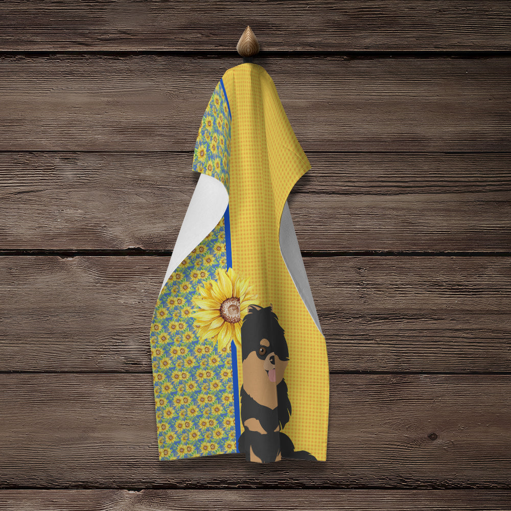 Summer Sunflowers Black and Tan Pomeranian Kitchen Towel Velour Plush Front and Cotton Loop Back Machine Washable