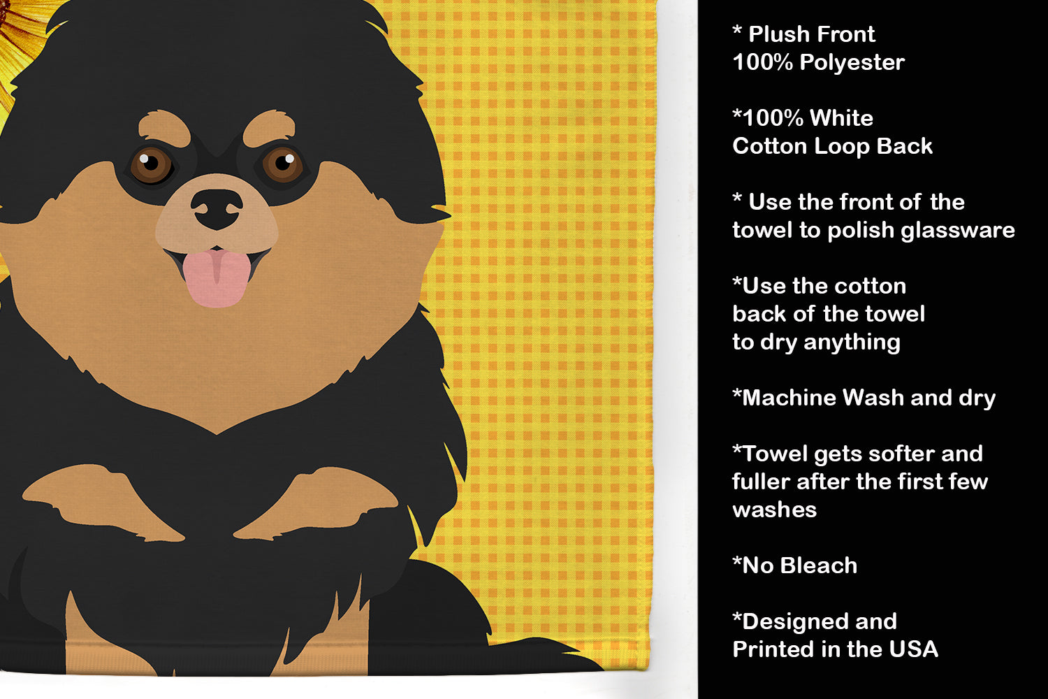 Summer Sunflowers Black and Tan Pomeranian Kitchen Towel Velour Plush Front and Cotton Loop Back Machine Washable