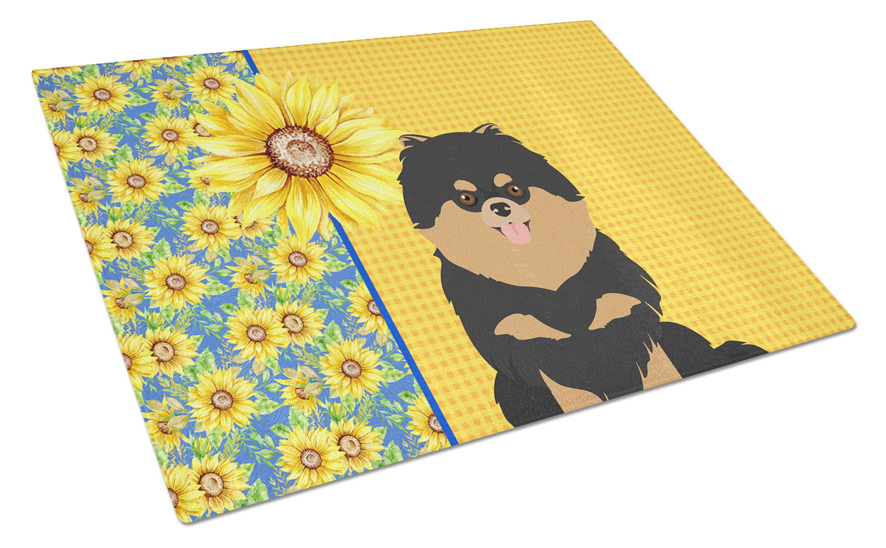 Summer Sunflowers Black and Tan Pomeranian Cutting Board Tempered Glass Kitchen Cutting Surface, Heat Resistant Chopping, Non-Slip Feet, Food Prep & Serving
