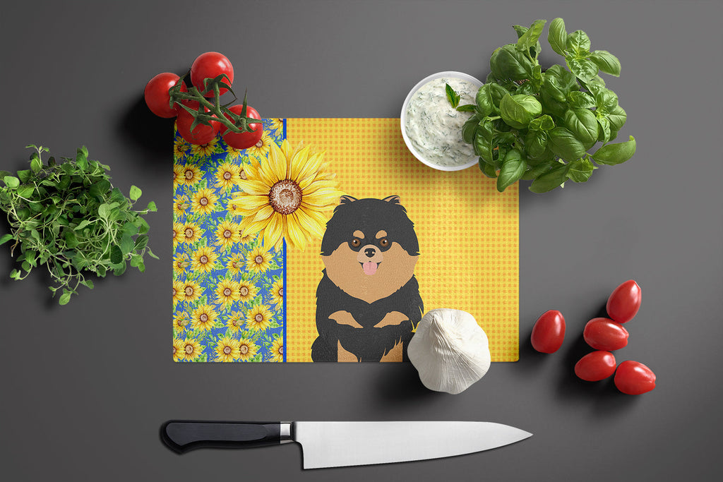 Summer Sunflowers Black and Tan Pomeranian Cutting Board Tempered Glass Kitchen Cutting Surface, Heat Resistant Chopping, Non-Slip Feet, Food Prep & Serving