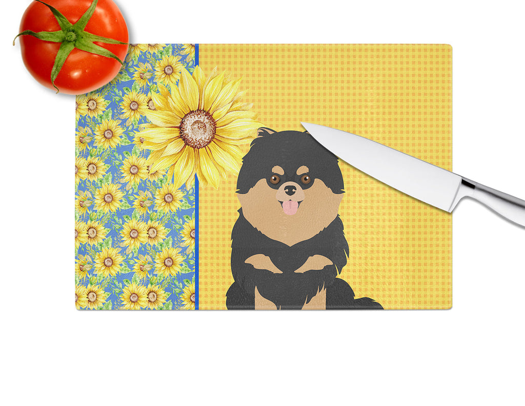 Summer Sunflowers Black and Tan Pomeranian Cutting Board Tempered Glass Kitchen Cutting Surface, Heat Resistant Chopping, Non-Slip Feet, Food Prep & Serving