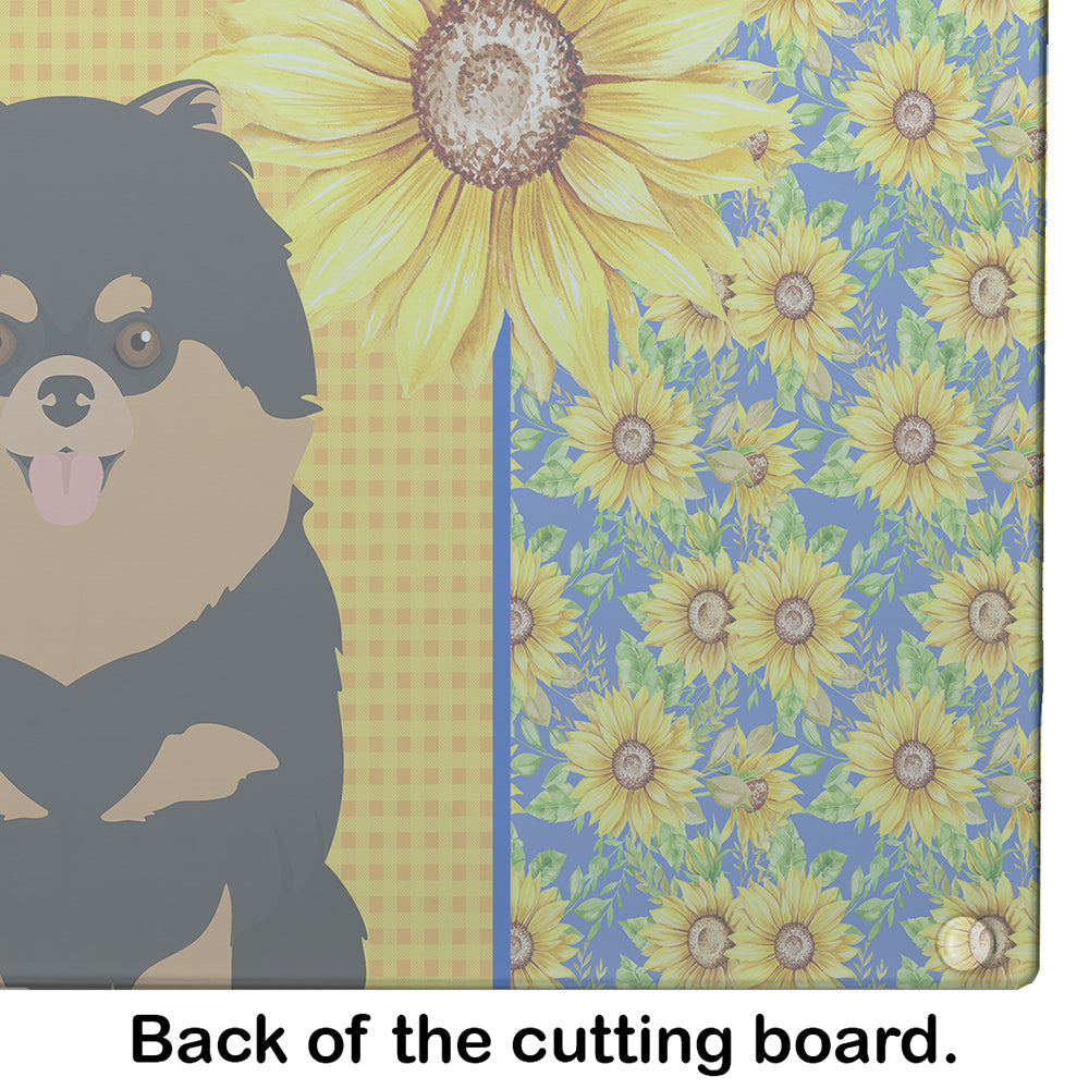 Summer Sunflowers Black and Tan Pomeranian Cutting Board Tempered Glass Kitchen Cutting Surface, Heat Resistant Chopping, Non-Slip Feet, Food Prep & Serving