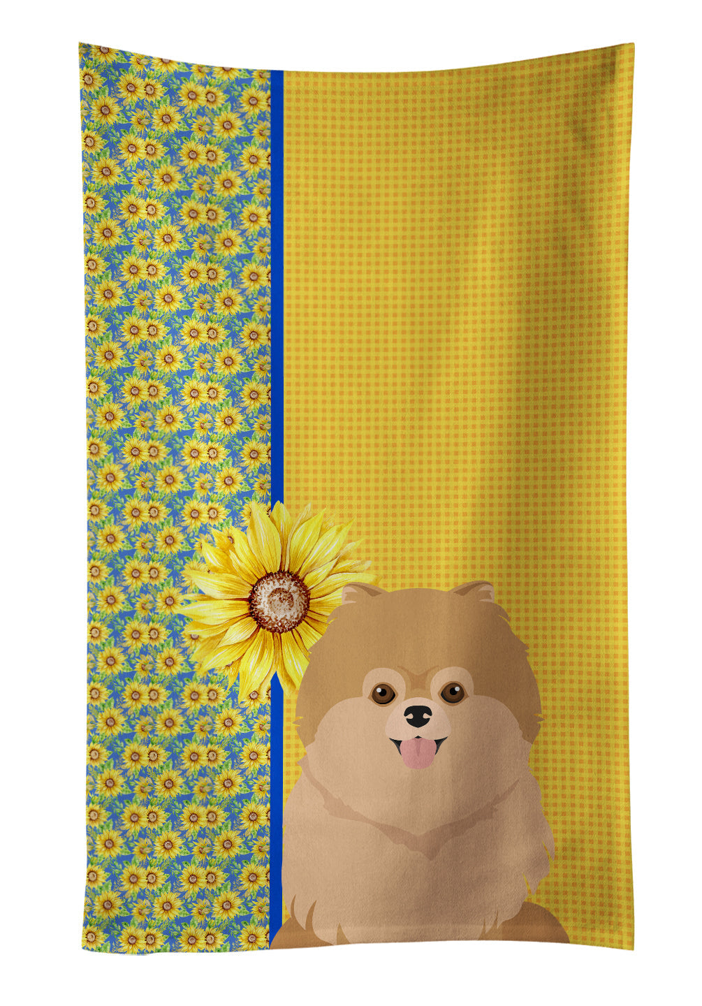 Summer Sunflowers Orange Pomeranian Kitchen Towel Velour Plush Front and Cotton Loop Back Machine Washable