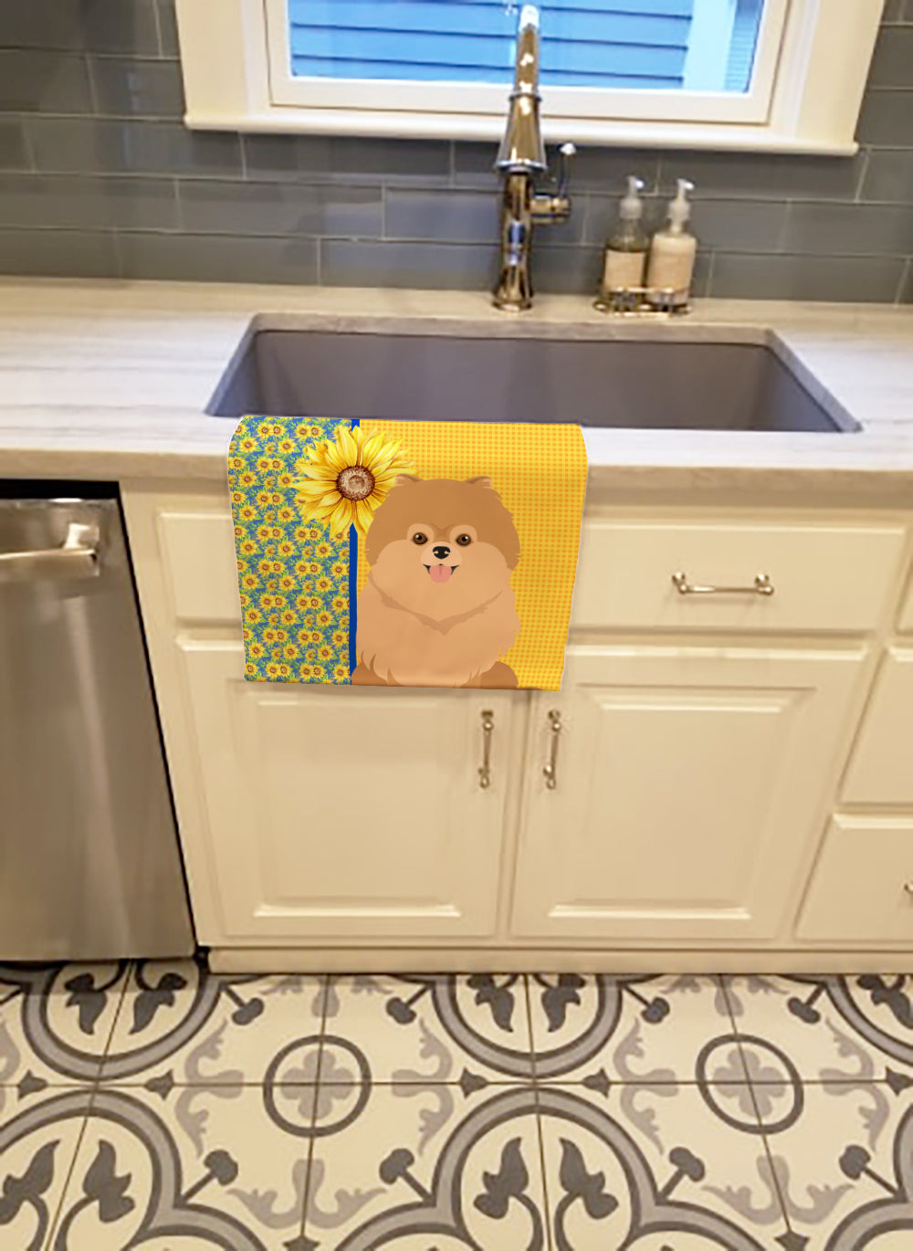 Summer Sunflowers Orange Pomeranian Kitchen Towel Velour Plush Front and Cotton Loop Back Machine Washable