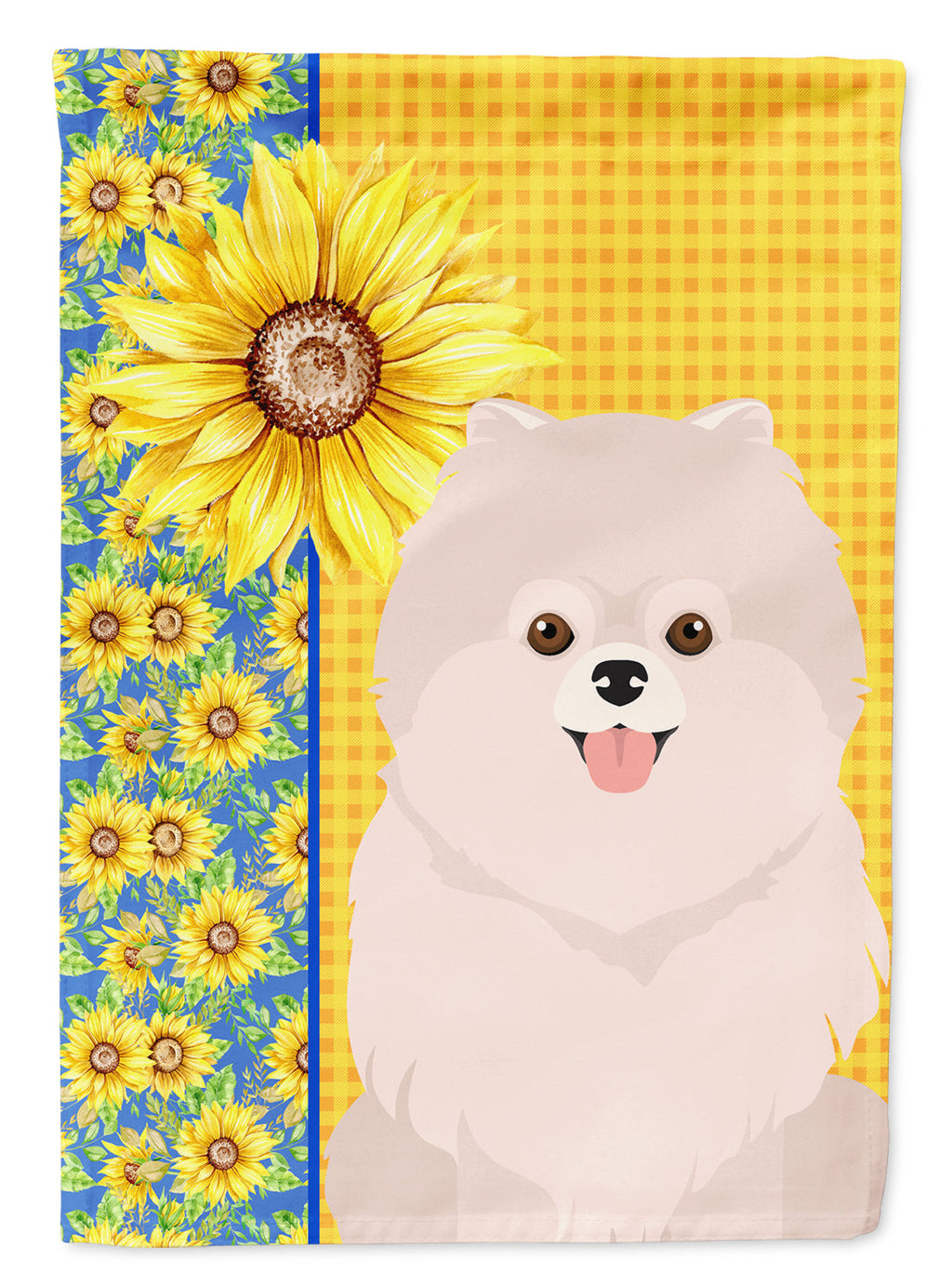 Summer Sunflowers White Pomeranian House Flag 28x40 Porch Sleeve Pole Decorative Outside Yard Banner Artwork Wall Hanging, Polyester