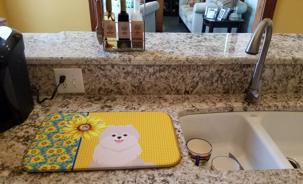 Summer Sunflowers White Pomeranian Dish Drying Mat Absorbent Dish Drying Mat Pad for Kitchen Counter Dish Drainer Mat for Countertop, 14 x 21", Multicolor