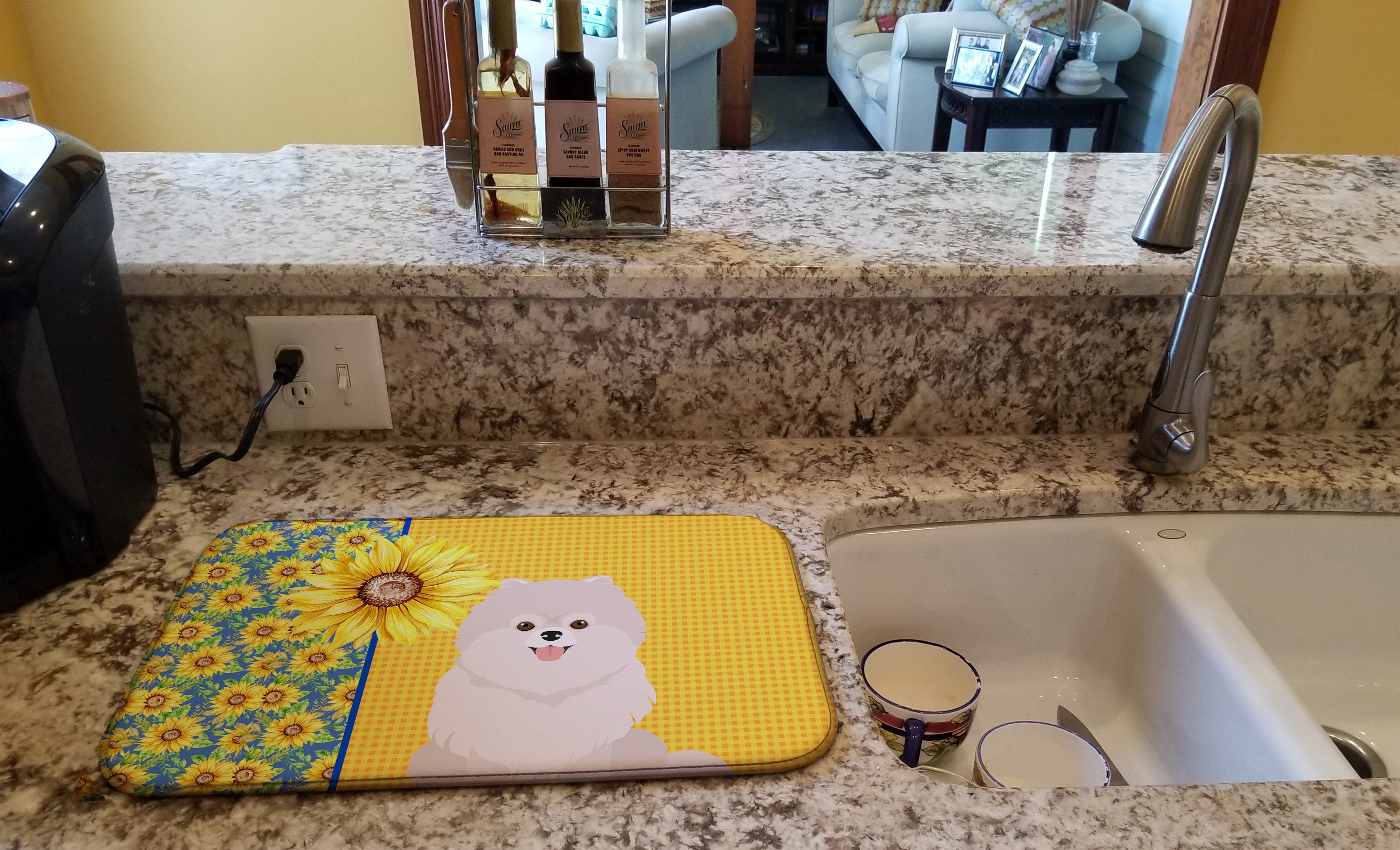 Summer Sunflowers White Pomeranian Dish Drying Mat Absorbent Dish Drying Mat Pad for Kitchen Counter Dish Drainer Mat for Countertop, 14 x 21", Multicolor