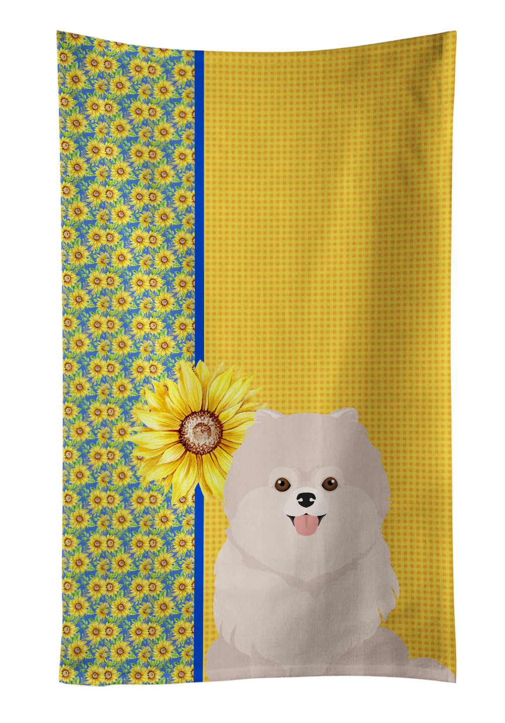 Summer Sunflowers White Pomeranian Kitchen Towel Velour Plush Front and Cotton Loop Back Machine Washable