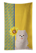 Summer Sunflowers White Pomeranian Kitchen Towel Velour Plush Front and Cotton Loop Back Machine Washable