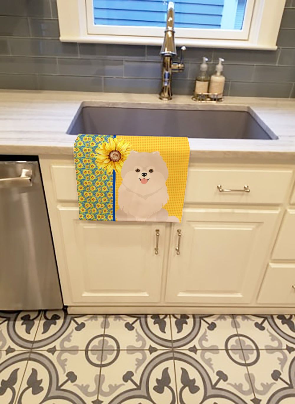 Summer Sunflowers White Pomeranian Kitchen Towel Velour Plush Front and Cotton Loop Back Machine Washable