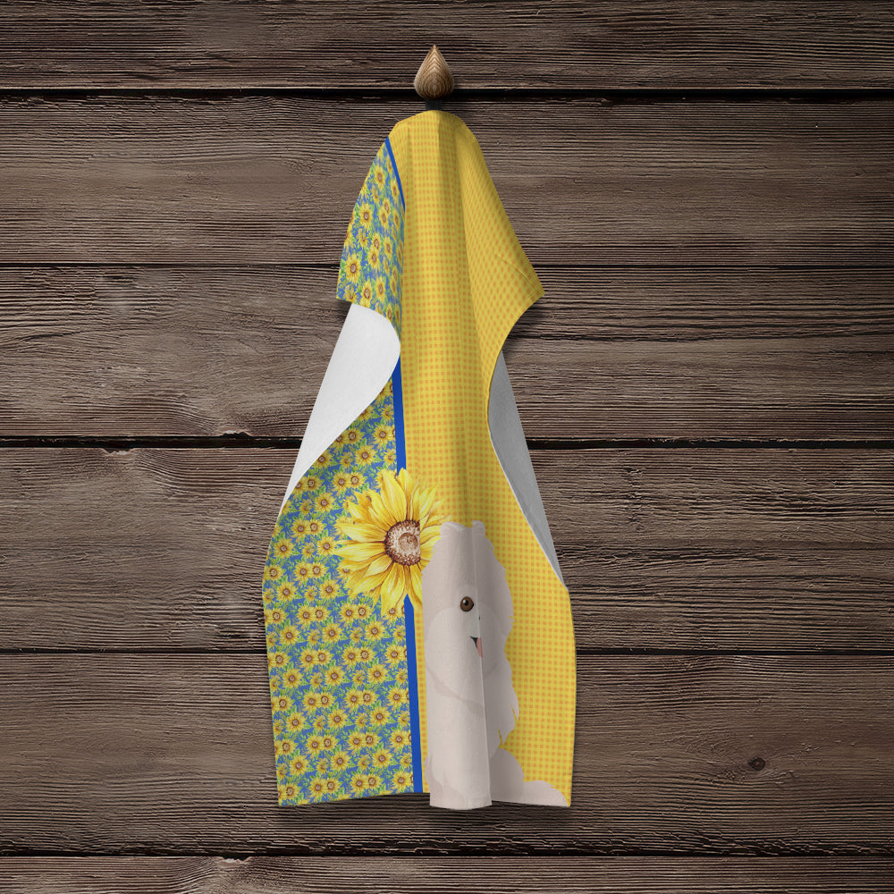 Summer Sunflowers White Pomeranian Kitchen Towel Velour Plush Front and Cotton Loop Back Machine Washable