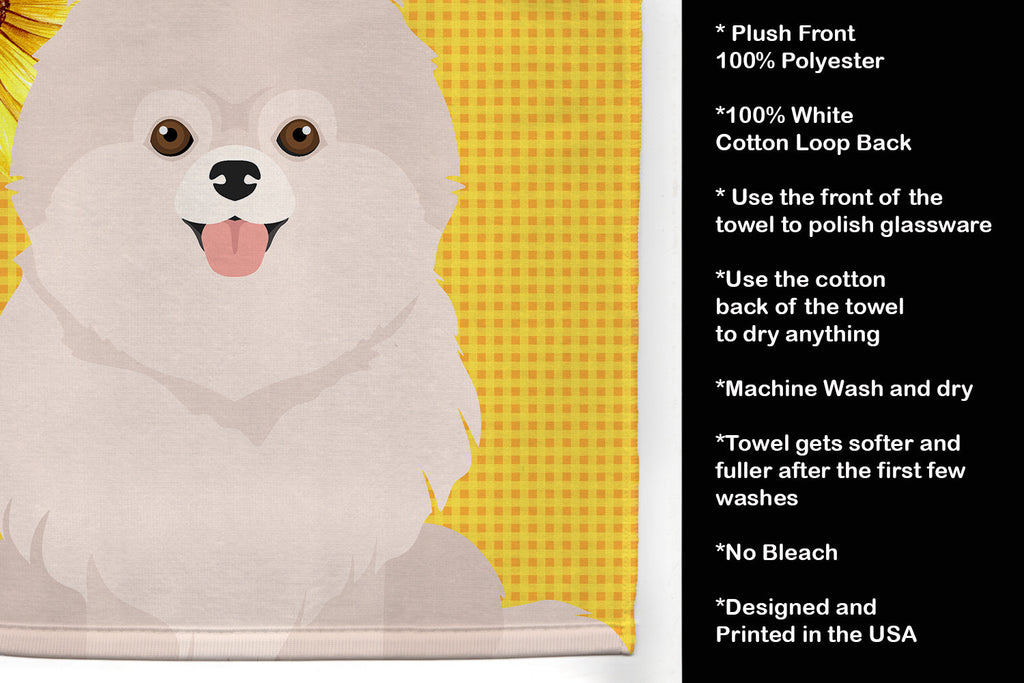Summer Sunflowers White Pomeranian Kitchen Towel Velour Plush Front and Cotton Loop Back Machine Washable