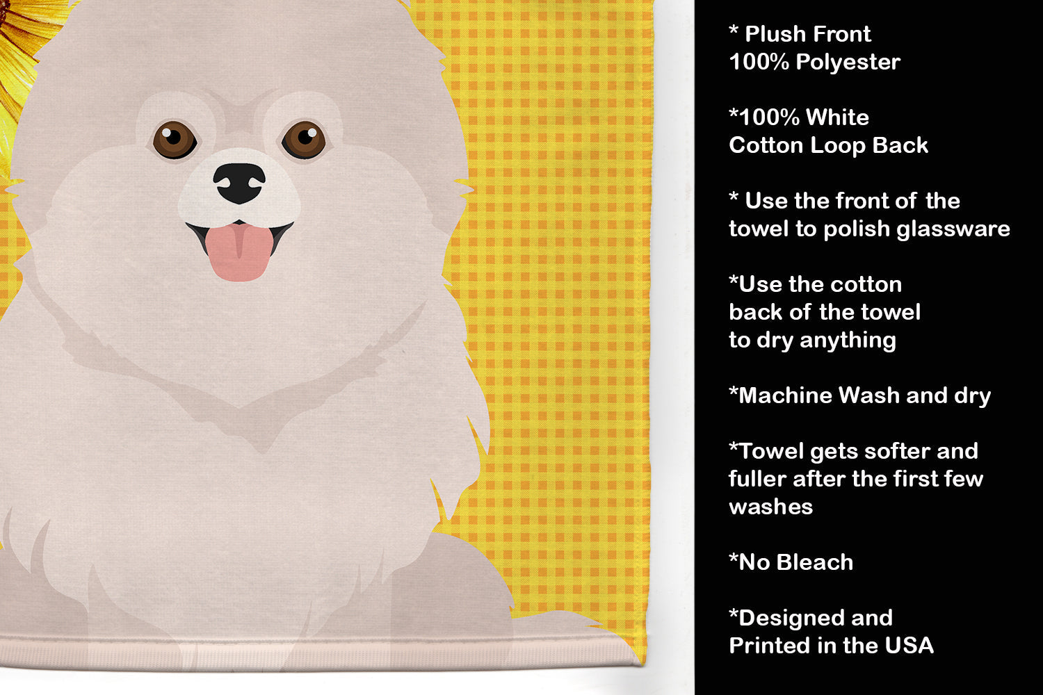 Summer Sunflowers White Pomeranian Kitchen Towel Velour Plush Front and Cotton Loop Back Machine Washable