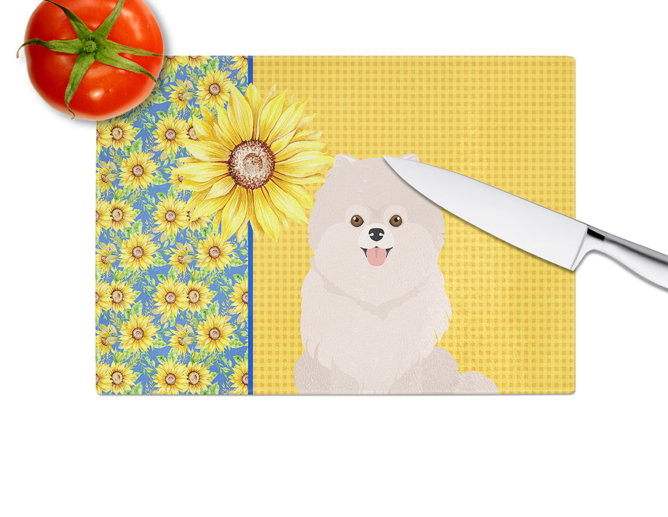 Summer Sunflowers White Pomeranian Cutting Board Tempered Glass Kitchen Cutting Surface, Heat Resistant Chopping, Non-Slip Feet, Food Prep & Serving