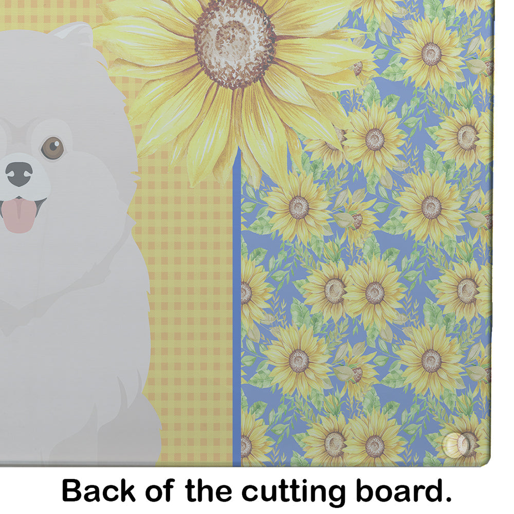 Summer Sunflowers White Pomeranian Cutting Board Tempered Glass Kitchen Cutting Surface, Heat Resistant Chopping, Non-Slip Feet, Food Prep & Serving