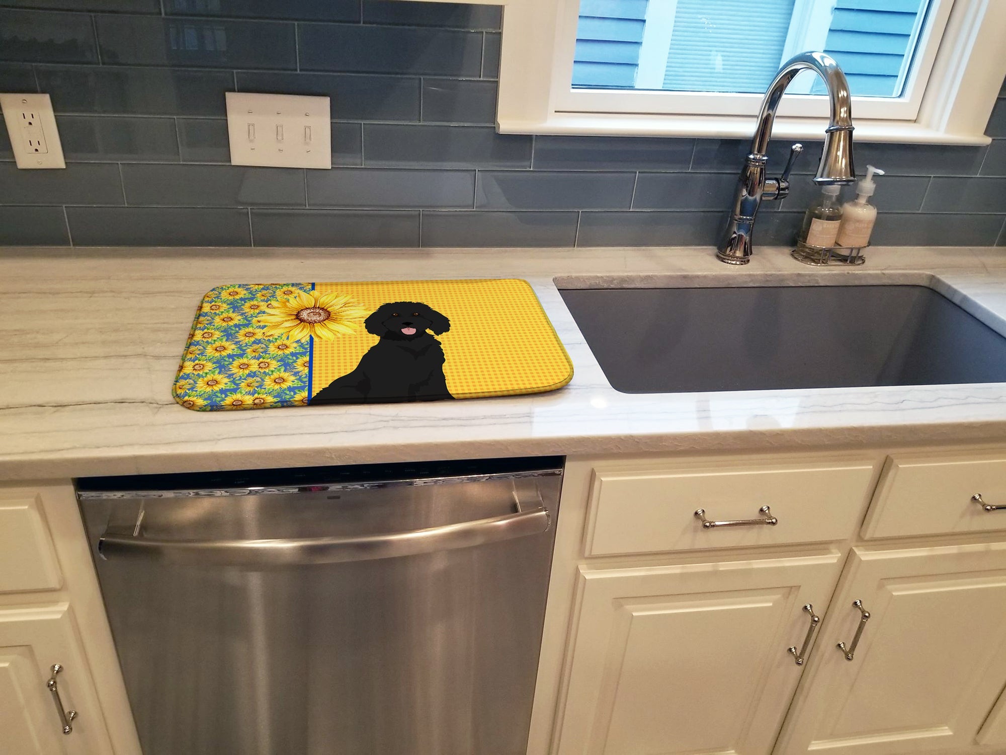 Summer Sunflowers Standard Black Poodle Dish Drying Mat Absorbent Dish Drying Mat Pad for Kitchen Counter Dish Drainer Mat for Countertop, 14 x 21", Multicolor