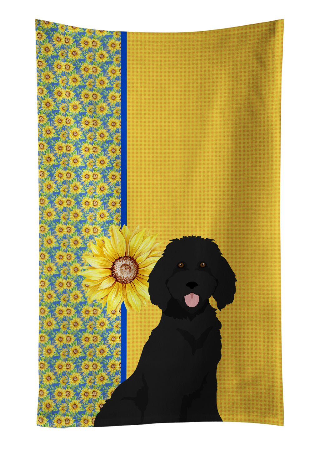 Summer Sunflowers Standard Black Poodle Kitchen Towel Velour Plush Front and Cotton Loop Back Machine Washable