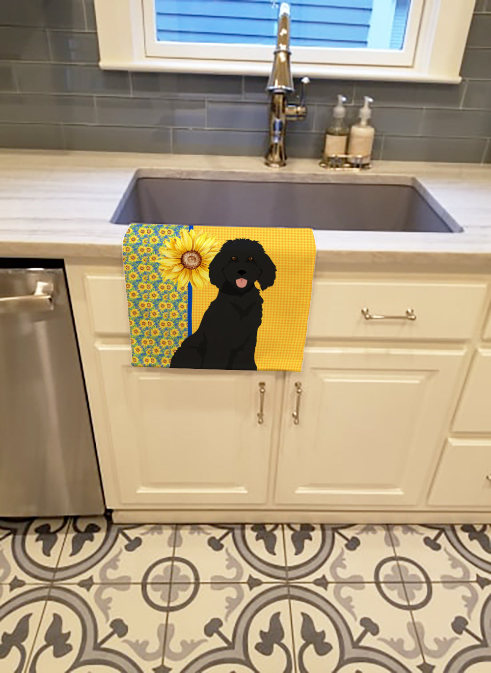 Summer Sunflowers Standard Black Poodle Kitchen Towel Velour Plush Front and Cotton Loop Back Machine Washable