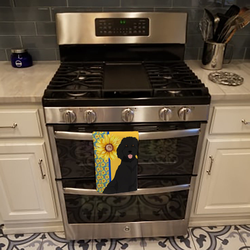 Summer Sunflowers Standard Black Poodle Kitchen Towel Velour Plush Front and Cotton Loop Back Machine Washable