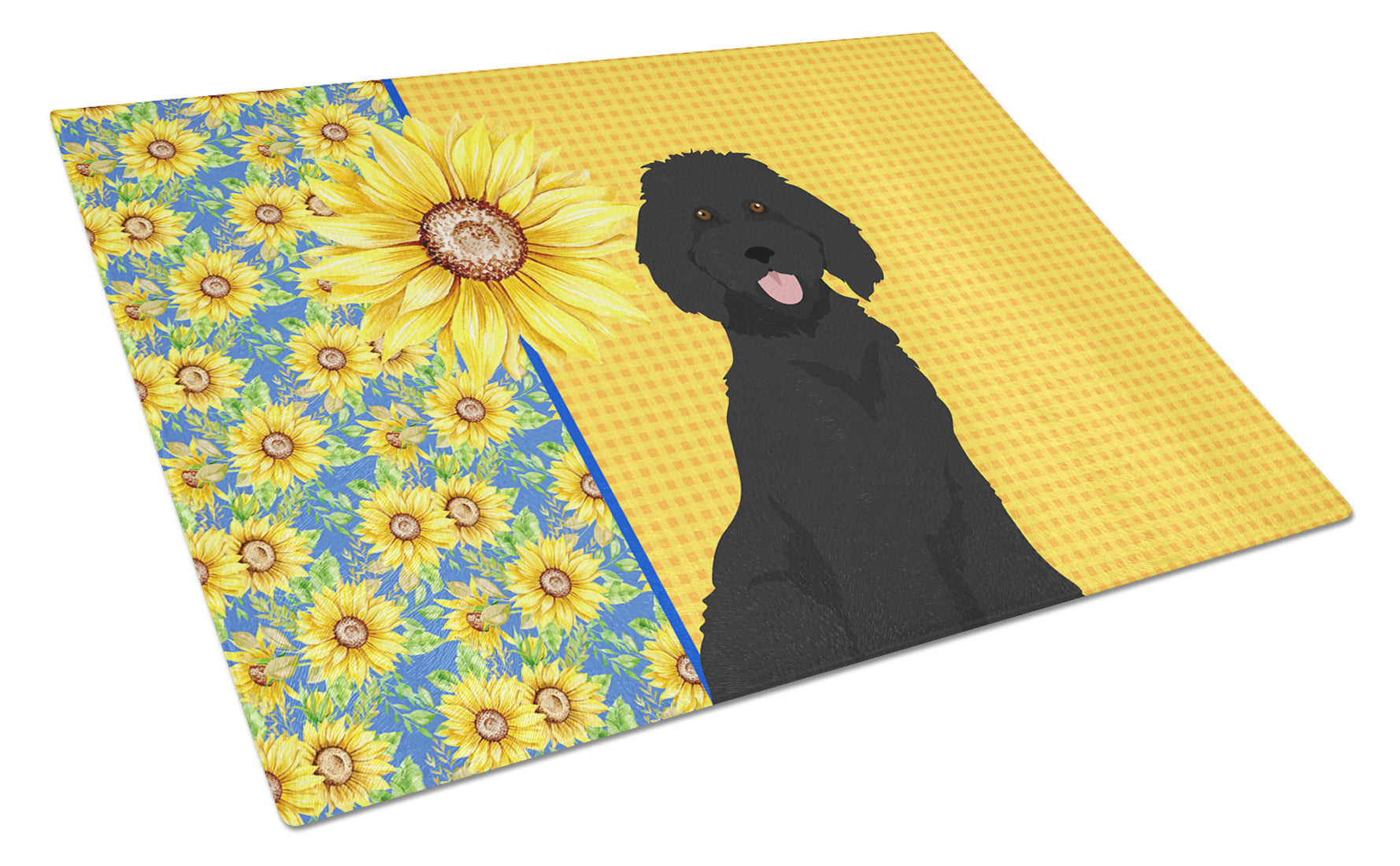 Summer Sunflowers Standard Black Poodle Cutting Board Tempered Glass Kitchen Cutting Surface, Heat Resistant Chopping, Non-Slip Feet, Food Prep & Serving