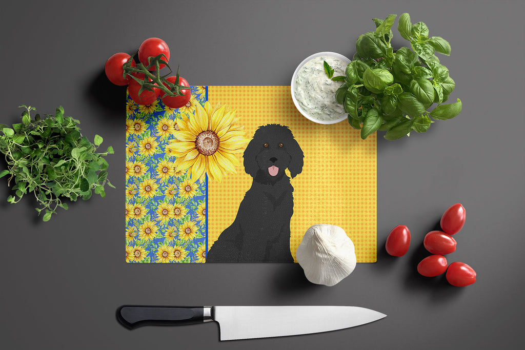 Summer Sunflowers Standard Black Poodle Cutting Board Tempered Glass Kitchen Cutting Surface, Heat Resistant Chopping, Non-Slip Feet, Food Prep & Serving