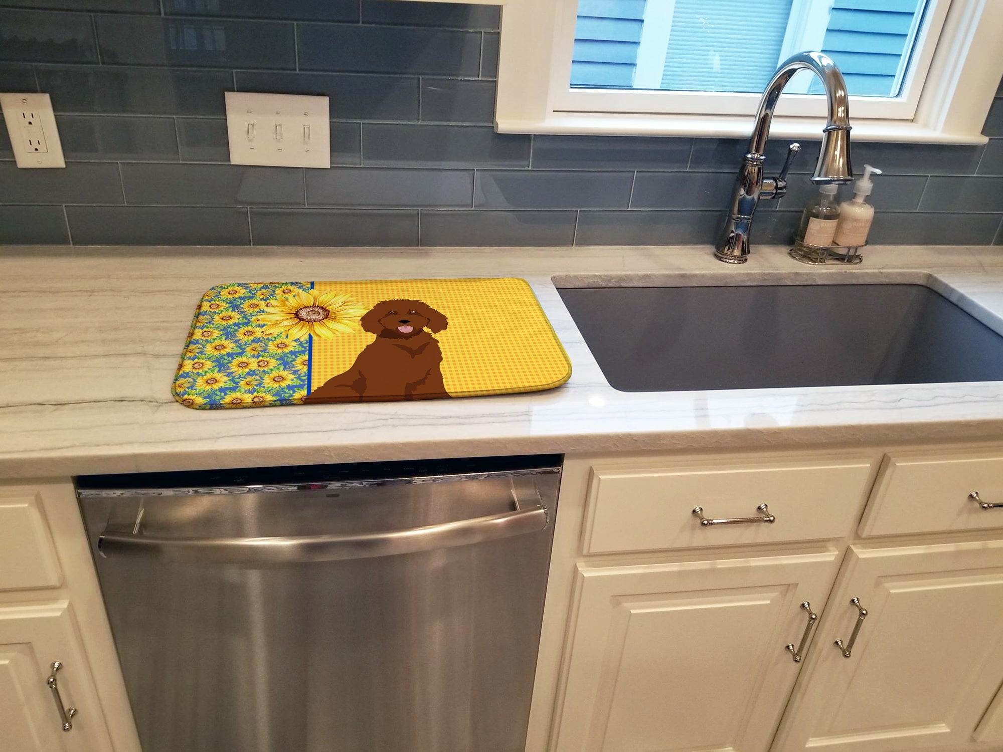 Summer Sunflowers Standard Red Poodle Dish Drying Mat Absorbent Dish Drying Mat Pad for Kitchen Counter Dish Drainer Mat for Countertop, 14 x 21", Multicolor