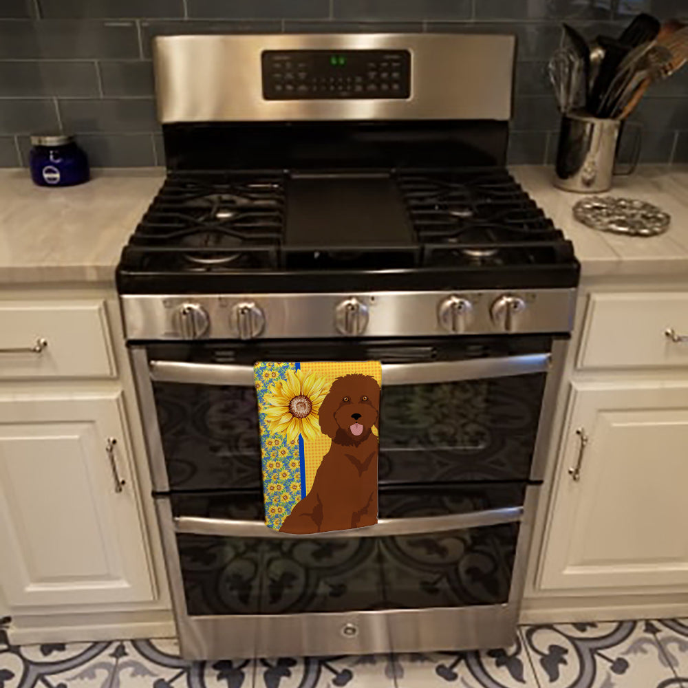 Summer Sunflowers Standard Red Poodle Kitchen Towel Velour Plush Front and Cotton Loop Back Machine Washable