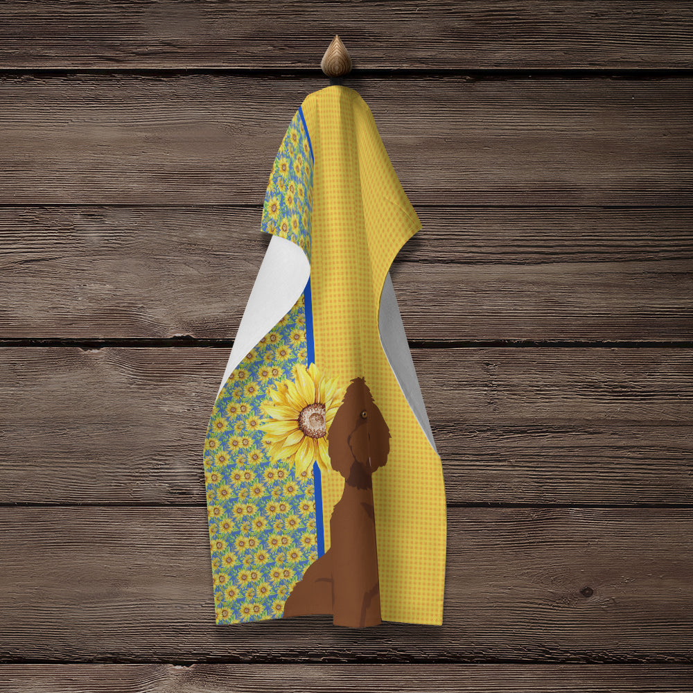 Summer Sunflowers Standard Red Poodle Kitchen Towel Velour Plush Front and Cotton Loop Back Machine Washable