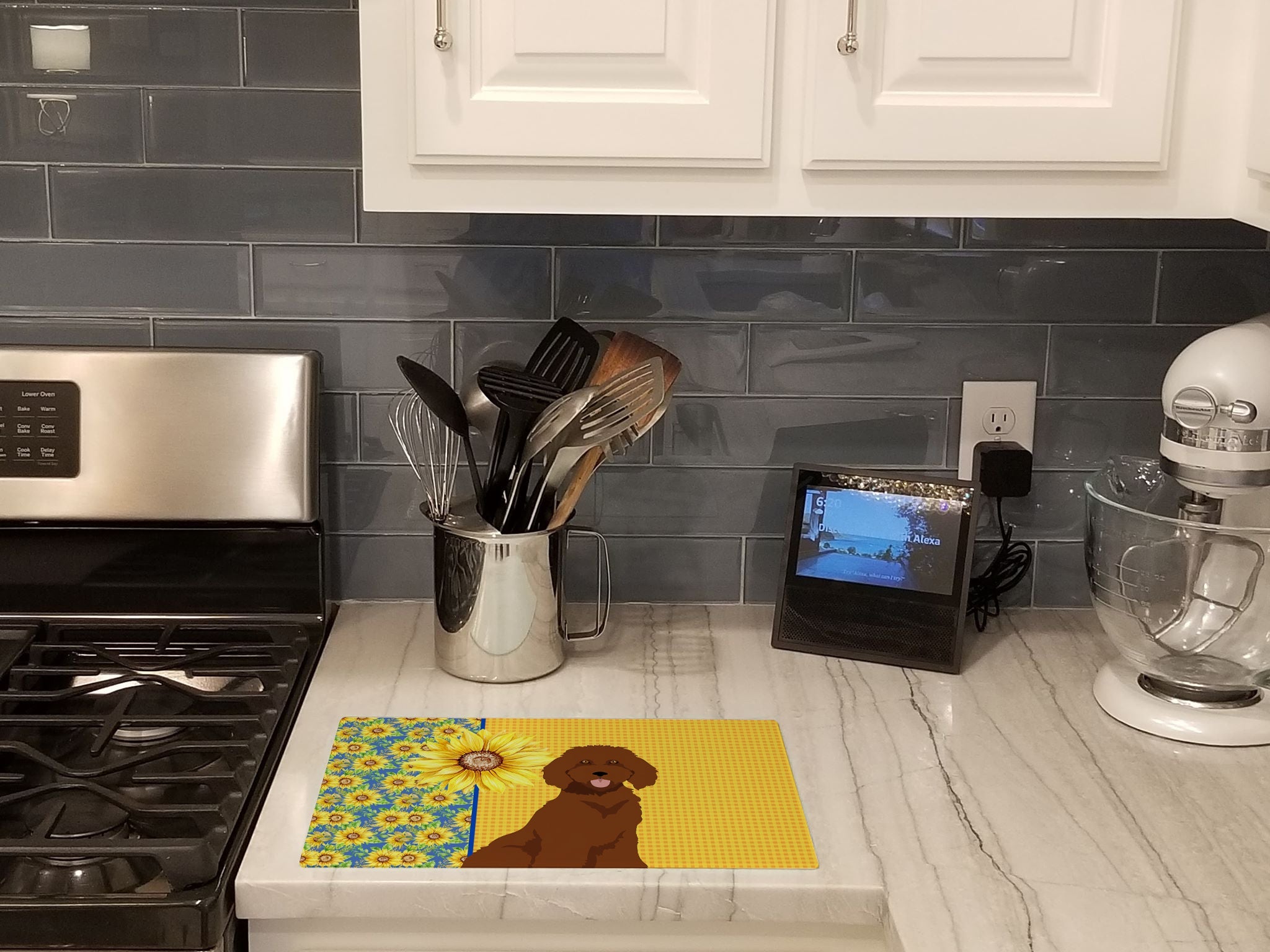 Summer Sunflowers Standard Red Poodle Cutting Board Tempered Glass Kitchen Cutting Surface, Heat Resistant Chopping, Non-Slip Feet, Food Prep & Serving