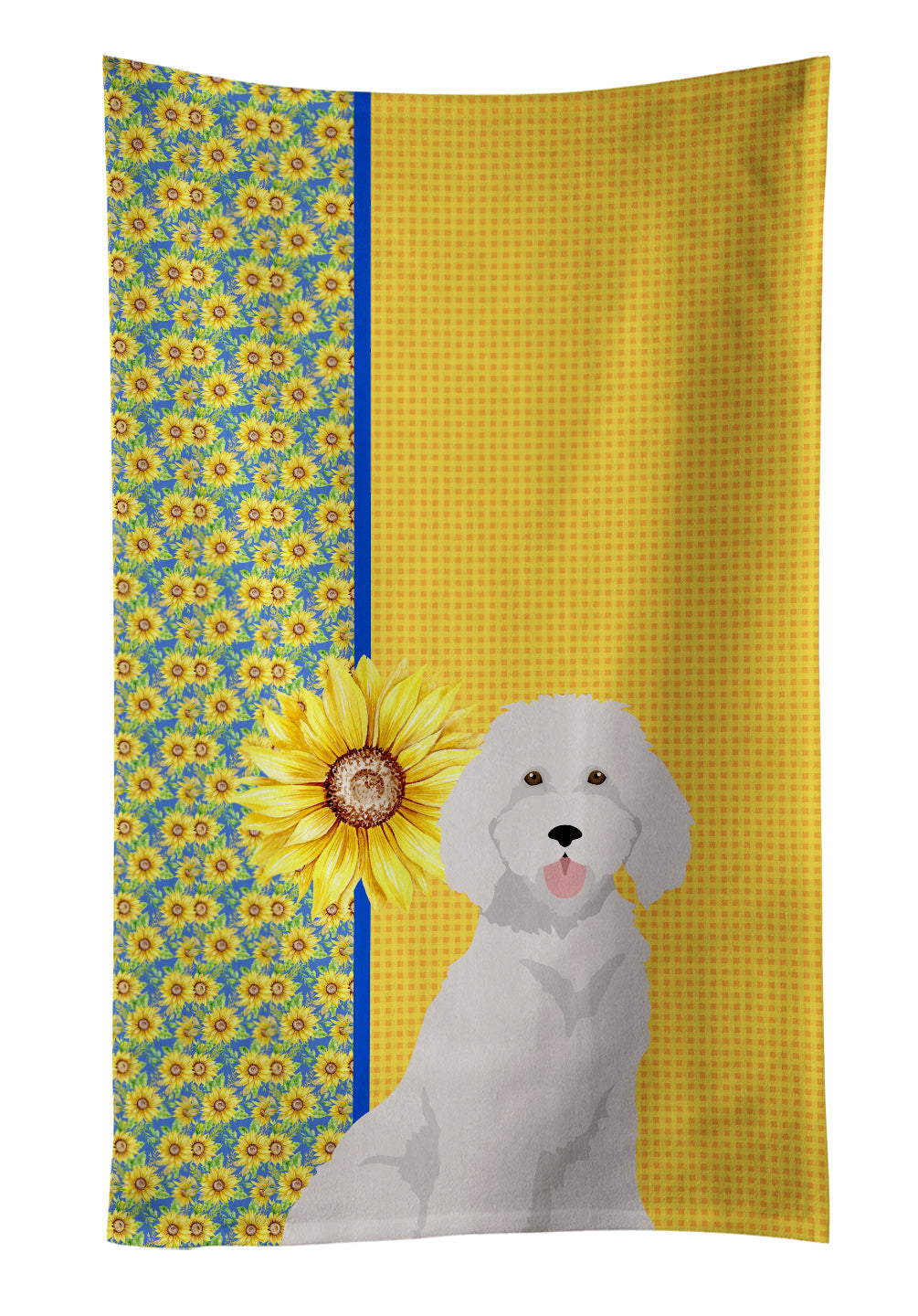 Summer Sunflowers Standard White Poodle Kitchen Towel Velour Plush Front and Cotton Loop Back Machine Washable