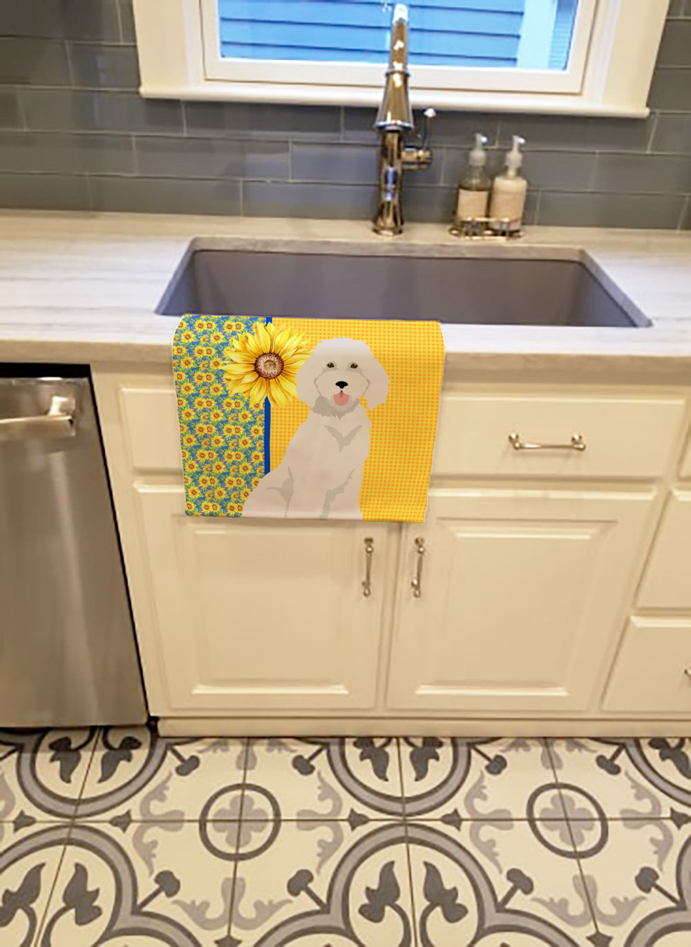 Summer Sunflowers Standard White Poodle Kitchen Towel Velour Plush Front and Cotton Loop Back Machine Washable