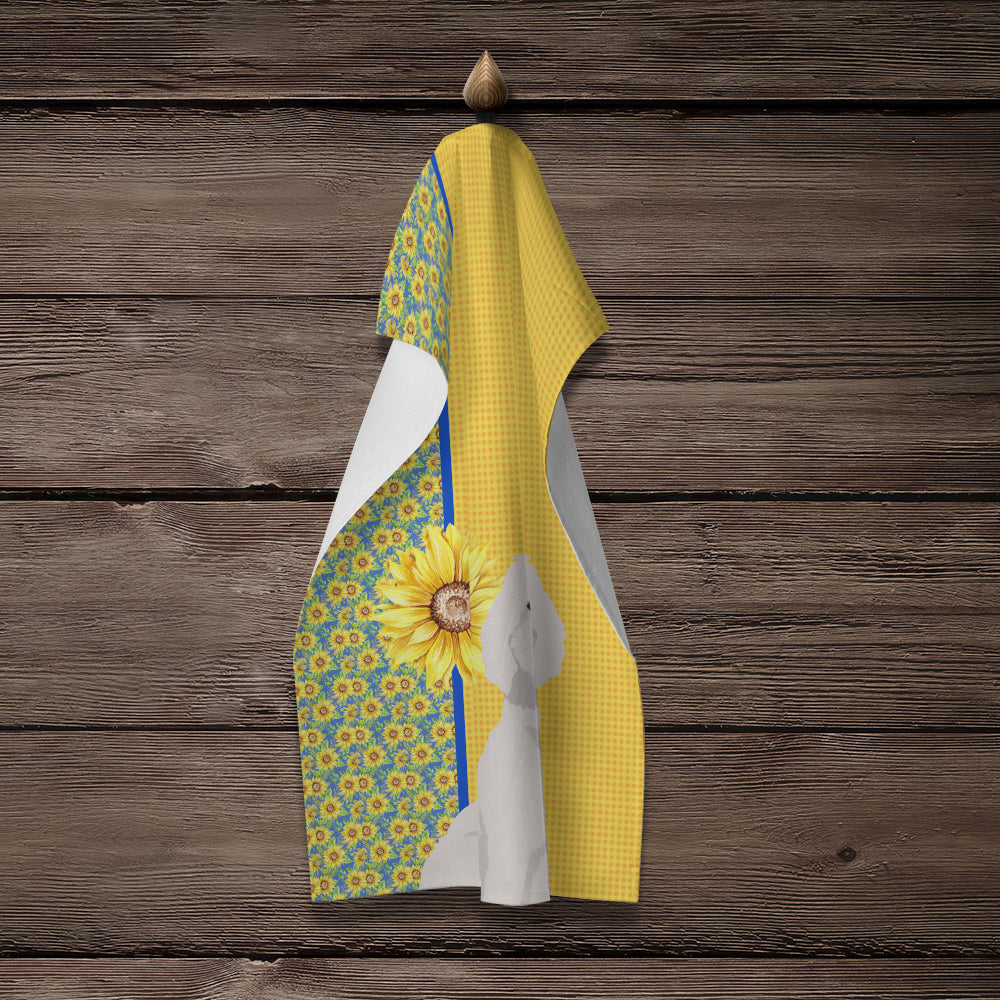 Summer Sunflowers Standard White Poodle Kitchen Towel Velour Plush Front and Cotton Loop Back Machine Washable