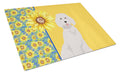 Summer Sunflowers Standard White Poodle Cutting Board Tempered Glass Kitchen Cutting Surface, Heat Resistant Chopping, Non-Slip Feet, Food Prep & Serving